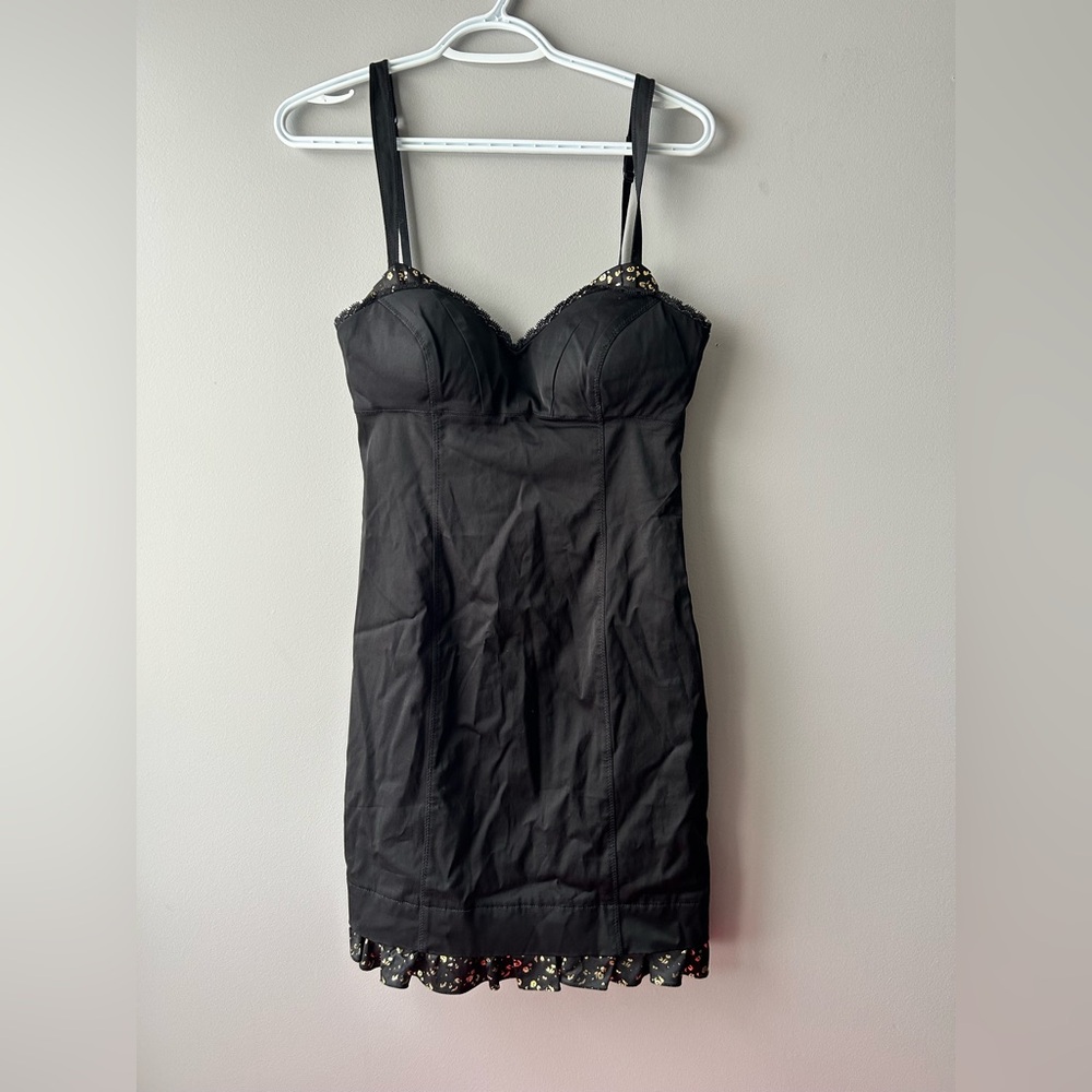 Vintage 1990s Guess Jeans Corset Mini Dress with Lace, Black with Gold Accents